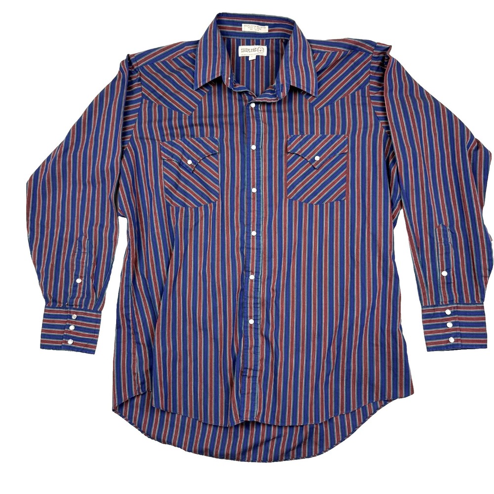 Vintage‎ Sheplers Mens Large Blue Red Striped Pearl Snap Western Cowboy Shirt